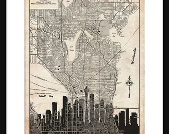 Seattle  Map - Seattle Skyline - Print Poster - Vintage - Grunge