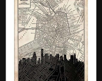 Boston  Map - Boston Skyline - Print Poster - Vintage - Grunge