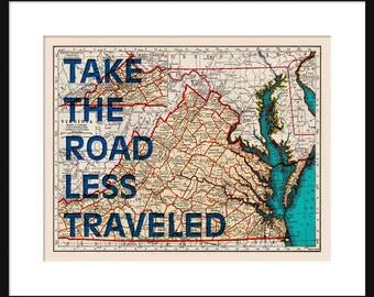 Virginia Map Print - Take The Road Less Traveled - Typography