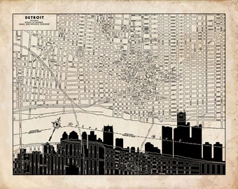 Detroit Map -  Detroit Skyline - Print Poster - Vintage - Grunge