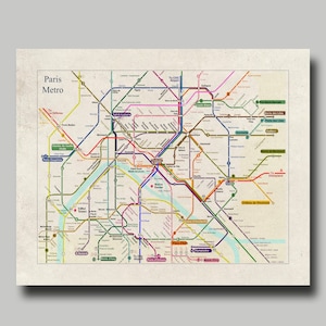 May include: A map of the Paris Metro system with lines in different colors. The map shows the names of the stations and the lines that connect them. The map is on a beige background.