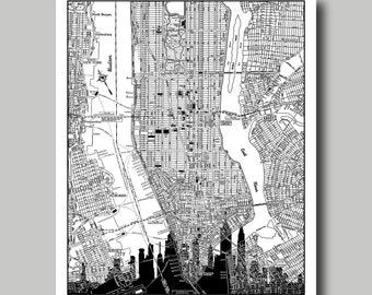 New York  Map - New York Skyline - Print Poster - Vintage