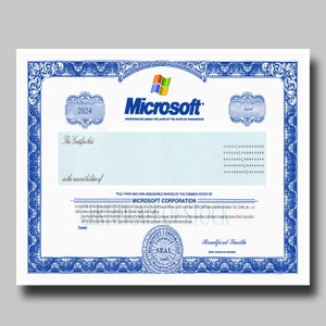May include: A blue and white certificate with the Microsoft logo and the text "This Certifies that... is the record holder of... Fully-paid and non-assessable shares of the common stock of Microsoft Corporation." The certificate is dated 2024 and signed by Bradford Smith, Chief Executive Officer.