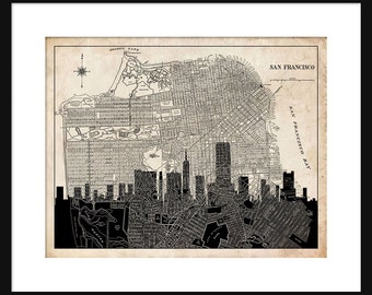 San Francisco  - Map -  San Francisco Skyline - Print Poster - Vintage - Grunge