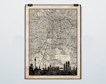 Berlin Map - Berlin Skyline - Print Poster - Grunge