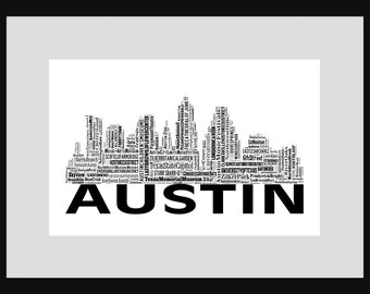 Austin Texas Skyline White Word Art Typography Typographical Print Poster