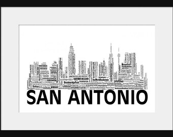 San Antonio Skyline  - Word Art Typography Black and White - Typographical Print Poster