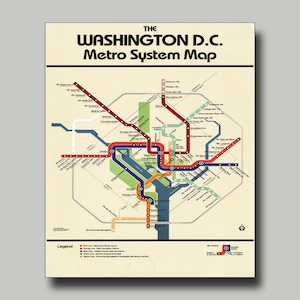 May include: A vintage-style poster featuring the Washington D.C. Metro System Map. The map displays colored lines representing different routes, with station names labeled. The poster has a cream-colored background and a black border, with the title "The Washington D.C. Metro System Map."