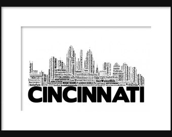 Cincinnati Skyline Typography Print Poster Map Color Black Abd White