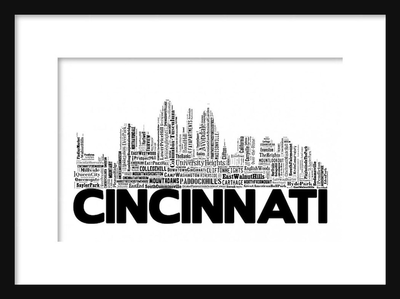 Cincinnati Skyline Typography Print Poster Map Color Black Abd White image 1
