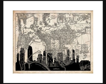 San Diego  Map -  San Diego Skyline - Print Poster - Vintage - Grunge