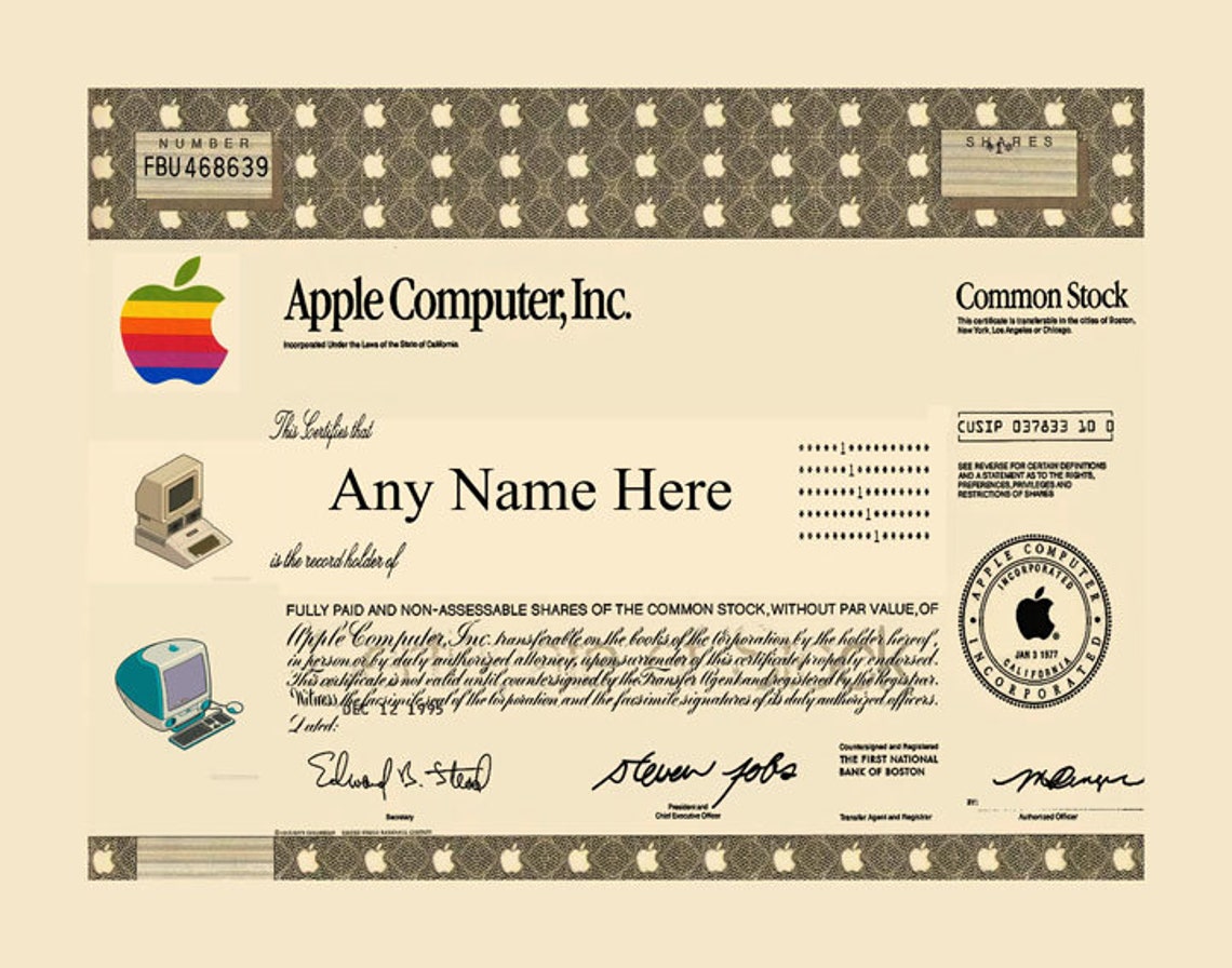 Apple Computers Stock Certificate Custom Imac iPhone Etsy Apple Computers Stock Certificate Custom Imac iPhone Etsy