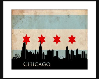 Chicago Skyline Print Poster Chicago Flag