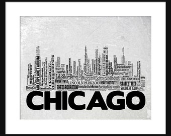 Chicago Skyline Word Art Typography Typographical Print Poster Gray