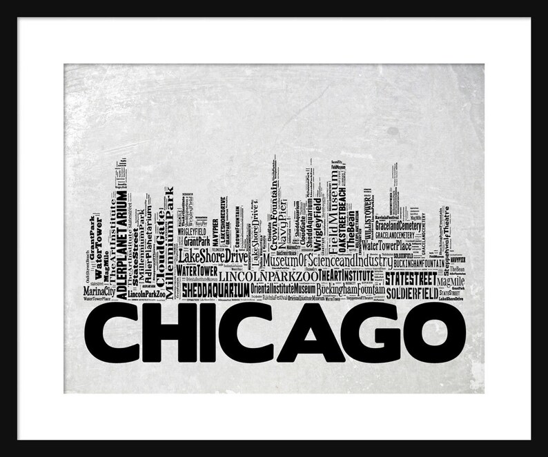 Chicago Skyline Word Art Typography Typographical Print Poster Gray image 1