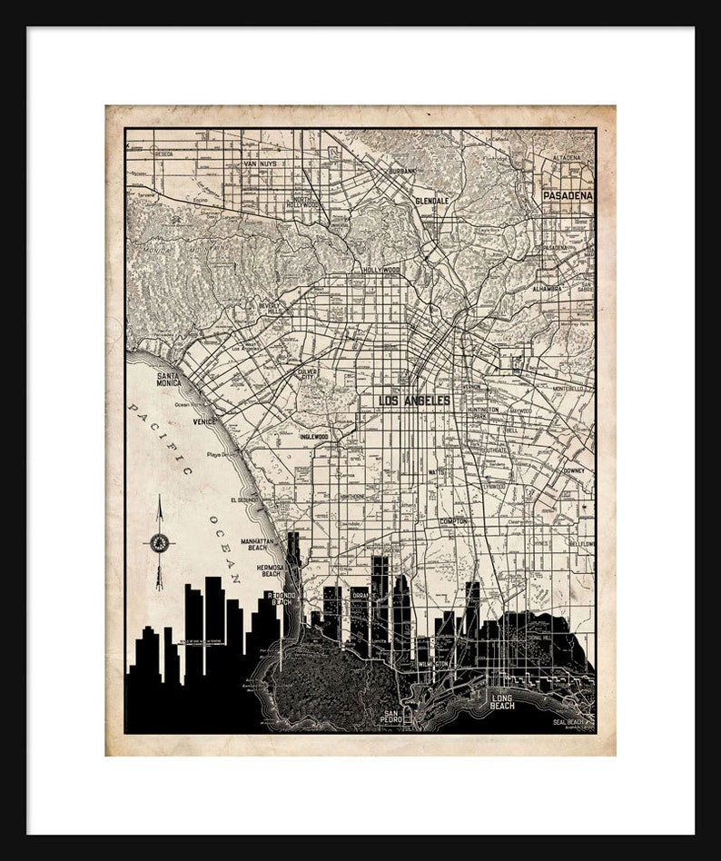 Los Angeles Karte Los Angeles Skyline Druck Poster Vintage Grunge Bild 1