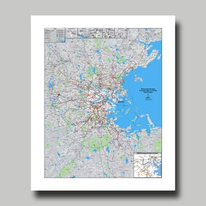 May include: A detailed map of the Massachusetts Bay Transportation Authority (MBTA) system, featuring a network of roads, transit lines, and water bodies. The map includes a smaller inset for frequent bus service and is printed on a white background.