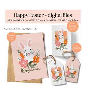 Cartões e etiquetas para impressão de Feliz Páscoa, etiquetas para presente de Páscoa, cartão de coelho para impressão, cartão postal, download digital em PDF, download instantâneo