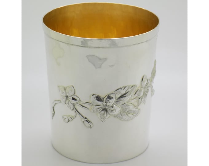 Vintage Italian Handmade Genuine Gilded Silver Beaker Hand Chased Floral Design Il Leone Firenze Florence Tuscany