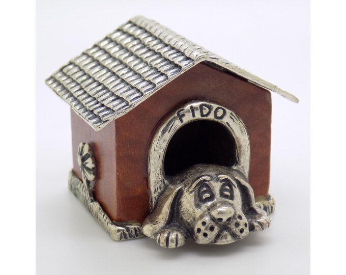 Vintage Italian Handmade Genuine Silver and Wood Rare Detailed Large Doghouse and Dog Decorative Figurine