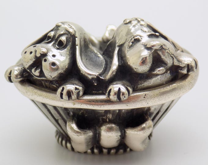 Vintage Italian Handmade Genuine Silver Sleeping Puppies Basket Figurine Sacchetti Arezzo 800 Continental Silver Dog Miniature Sculpture