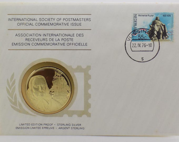 1976 International Society of Postmasters Netherland Hero Michiel de Ruyter Sterling Silver Medal Coin,  First Day Cover, Franklin Mint