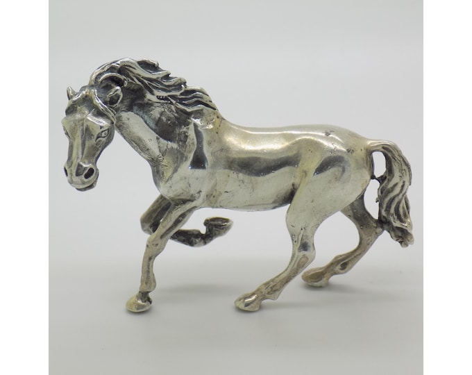 Vintage Italian Handmade Genuine Silver Galloping Horse Large Figurine from Arezzo, 1970s Solid 800 Silver Equestrian Animal Statue Decor