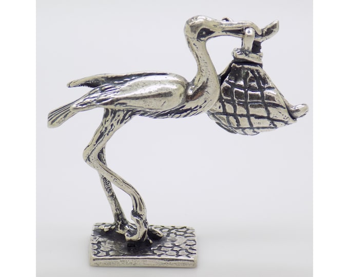 Vintage Italian Handmade Genuine Silver Stork with Baby Figurine Birth Symbol Miniature Collectible 1980s