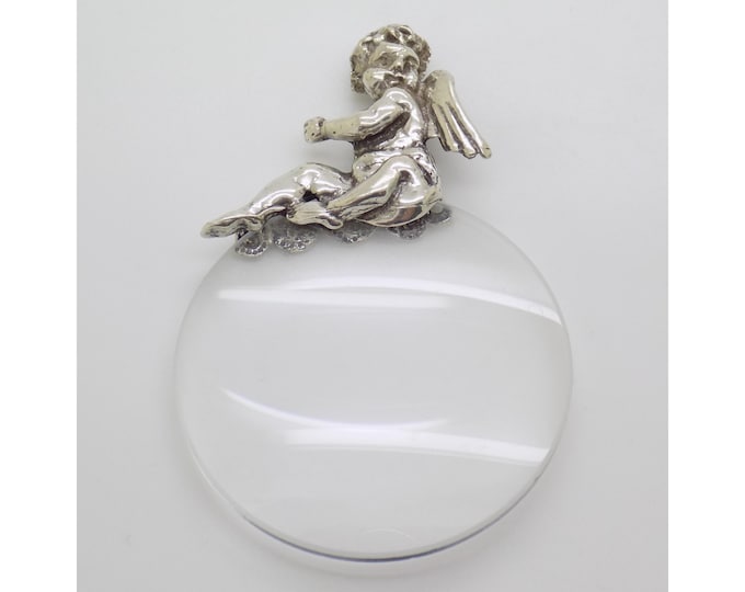 Vintage Italian Handmade Genuine Silver & Lens Small Purse Magnifier with Angel Shaped Handle