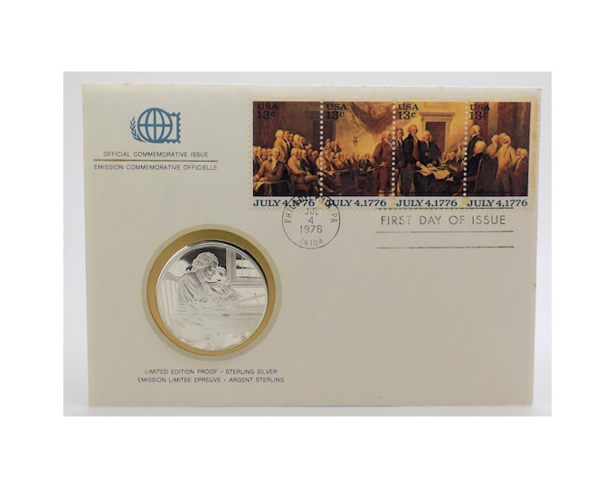 1976 Bicentennial First Day Cover Stamps & Sterling Medal Coin with Thomas Jefferson Franklin Mint