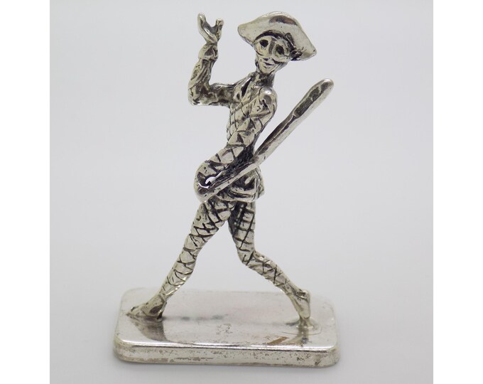 Vintage Italian Handmade Genuine Silver Harlequin Figurine, Carnival Miniature Tuscany Collectible Mask Character 1970s