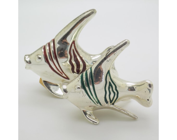 Vintage Italian Handmade Genuine Sterling Silver Enameled Tropical Fish Figurines by Ottaviani of Rome, 1980s Solid 925 Silver Marine Pair