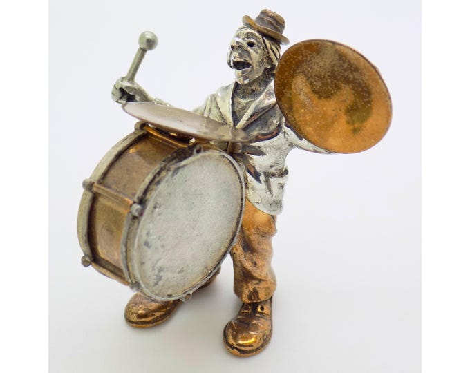 Vintage Italian Handmade Genuine Silver & Brass Highly Collectible Angini Brand Clown with Drums, Rare Collectible Statue