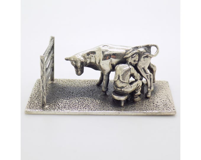 Vintage Italian Handmade Genuine Sterling Silver Farmer Milking Cow Figurine, Italian Tuscany Miniature
