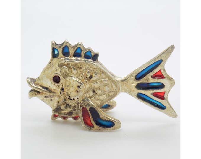 Vintage Italian Handmade Genuine Silver Fish Figurine from Arezzo, 1970s Solid 800 Silver and Colored Plastic Good Luck Talisman Sculpture