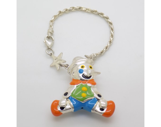 Vintage Italian Handmade Genuine Sterling Silver Pinocchio Bracelet 925 Enamel Pendant Children Jewelry Arezzo 1980s