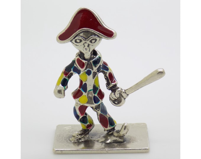 Vintage Italian Handmade Genuine Silver Harlequin Carnival "Commedia dell'Arte" Enameled Figurine, Decorative Miniature