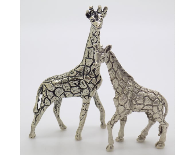 2 x Vintage Italian Handmade Genuine Silver Giraffes Figurines Miniatures Solid Sculptures