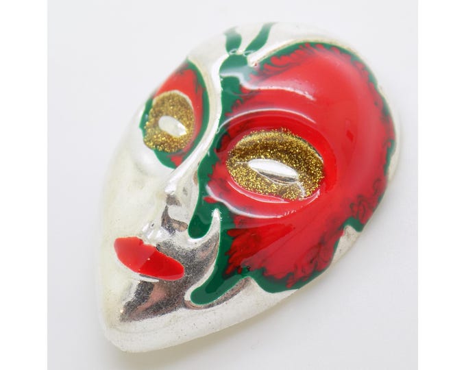 Vintage Italian Handmade Sterling Silver Carnival Mask Brooch 925 Enamel Large Venetian Style Collectible