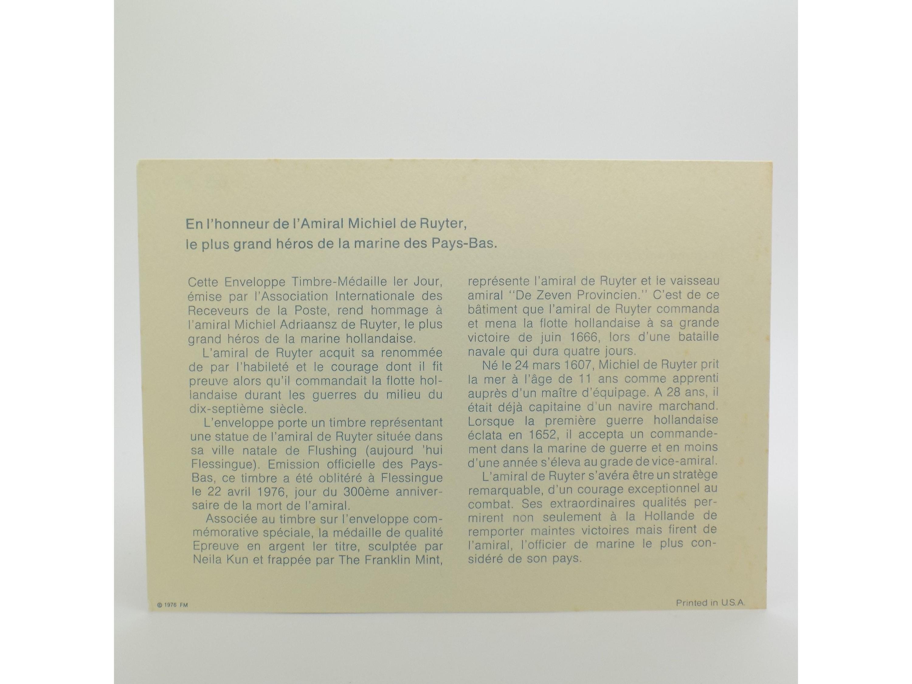 1976年 国際郵便局長協会 オランダ英雄 ミヒール・デ・ロイテル