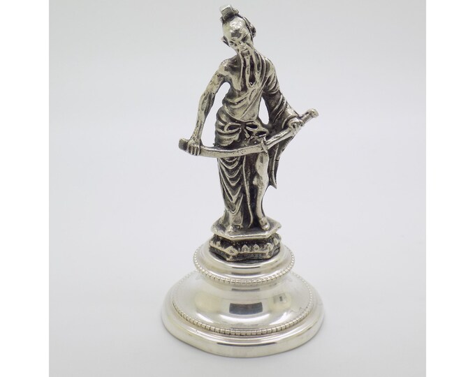 Vintage Italian Handmade Genuine Silver Chinese Immortal Sage Sword-Wielding Collectible Figurine, Decorative Solid Statue
