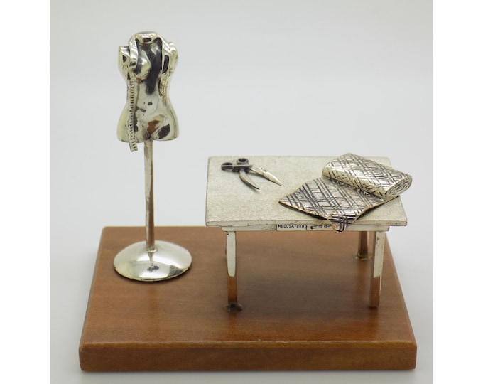 Vintage Italian Handmade Genuine Sterling Silver 925 & Wood Medusa-Oro Branded RARE and Large Sewing Studio Set Figurine with Wooden Base