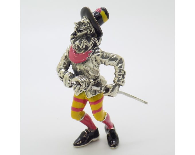 Vintage Italian Handmade Genuine Silver Angini Branded Enameled Capitan Spaventa "Commedia dell'Arte" Figurine made in Arezzo (Tuscany)