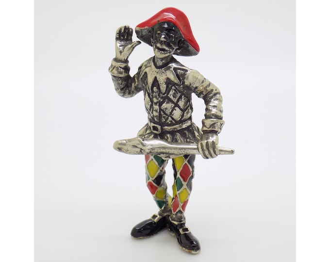 Vintage Handmade Italian Sterling Silver 925 Harlequin Angini Figurine Commedia dell'Arte Enameled Miniature Handmade