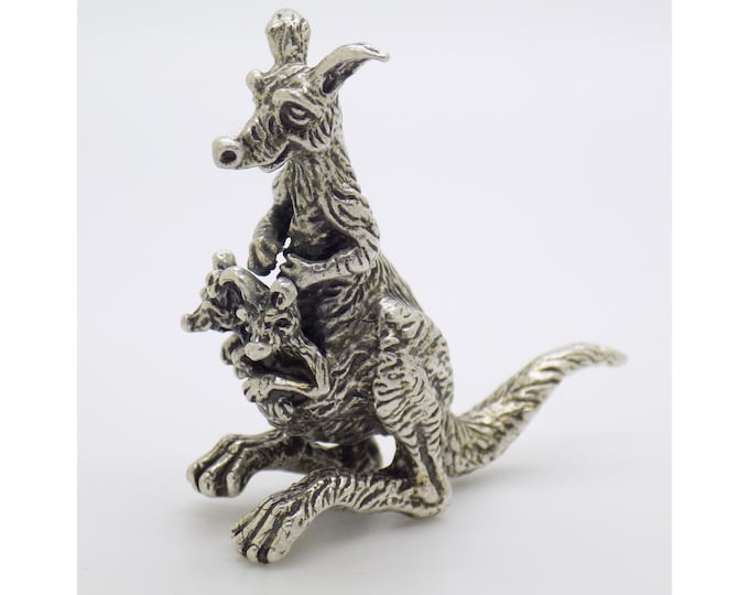 Vintage Italian Handmade Genuine Silver Kangaroo with Joeys Figurine, Rare and Detailed Solid Statue