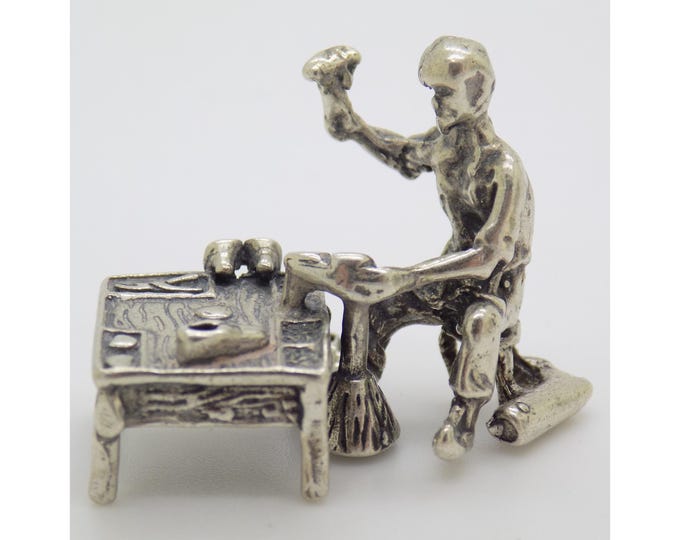 Vintage Italian Handmade Genuine Silver Shoemaker at Work Figurine, Miniature, Sculpture