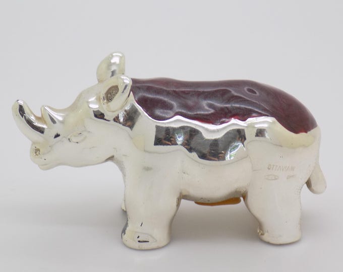 Vintage Italian Handmade Genuine Sterling Silver Enameled Rhino Figurine Ottaviani 925 Animal Miniature Cabinet Curiosity Rare Collector