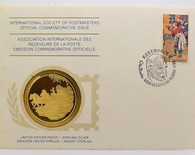 1976 International Society of Postmasters Denmark HAFNIA Stamp Exhibition Sterling Silver Medal, First Day Cover, Franklin Mint