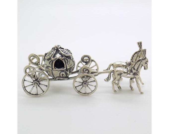 Vintage Italian Handmade Genuine Silver Cinderella Pumpkin Carriage Figurine, Solid Miniature with Two Horses; Highly Collectible