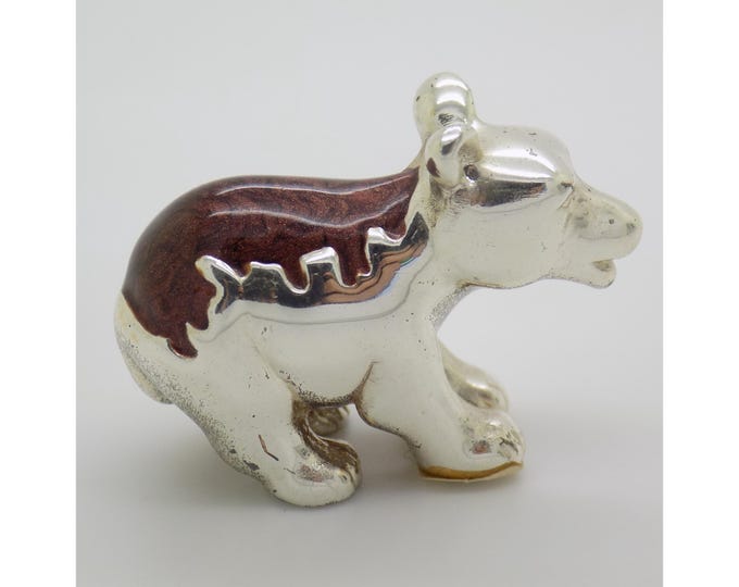 Vintage Italian Handmade Genuine Sterling Silver Enameled Bear Cub Figurine by Ottaviani of Rome, 1980s Solid 925 Silver Brown Enamel Statue